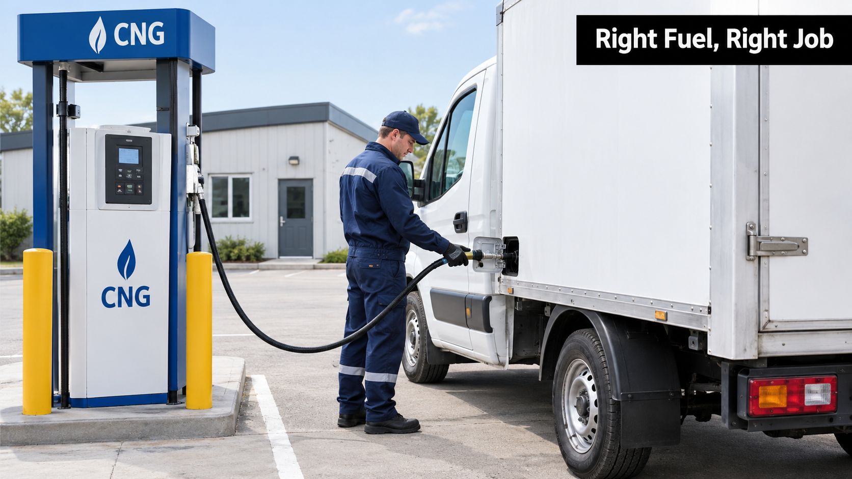 A technician wearing a blue uniform fueling a white delivery truck at a CNG refueling station.