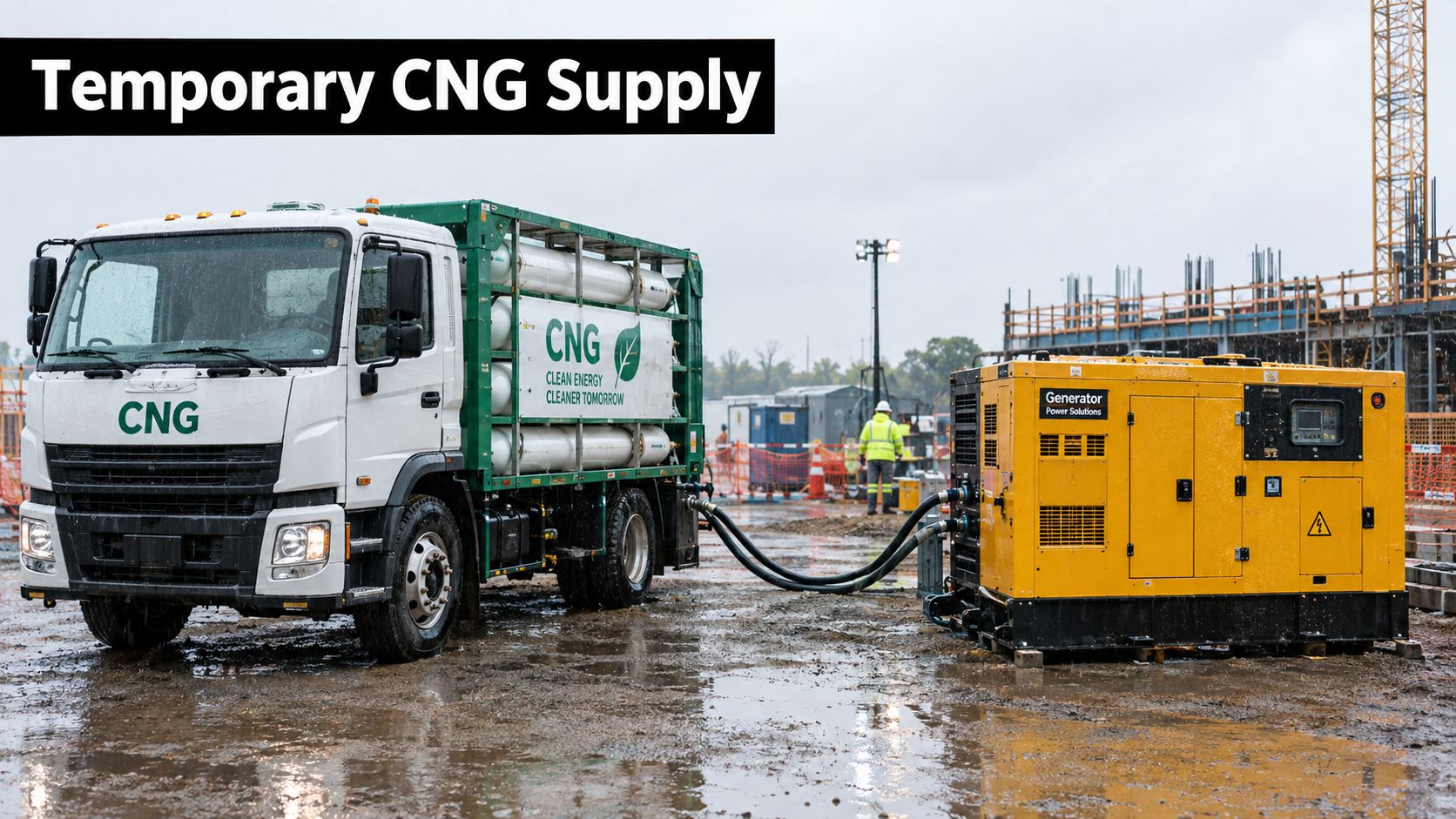 A white CNG delivery truck fueling a large yellow portable industrial power generator on a muddy construction site.