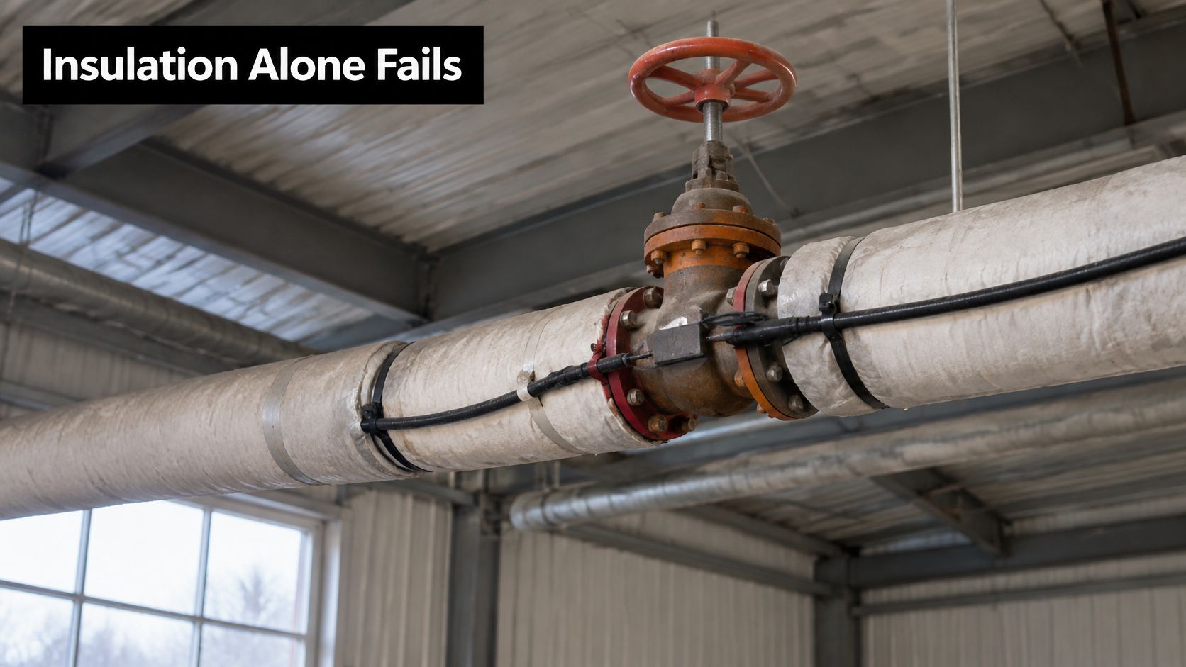 A close-up view of an industrial pipe valve featuring electrical heat tracing wrapped around the pipe insulation.