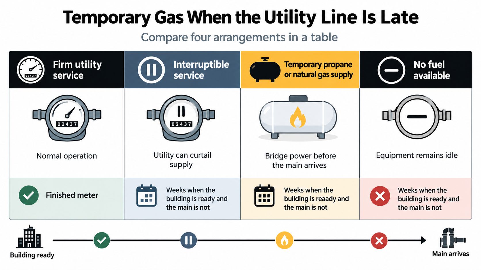 An infographic comparing four gas supply options when utility lines are delayed for new building projects.