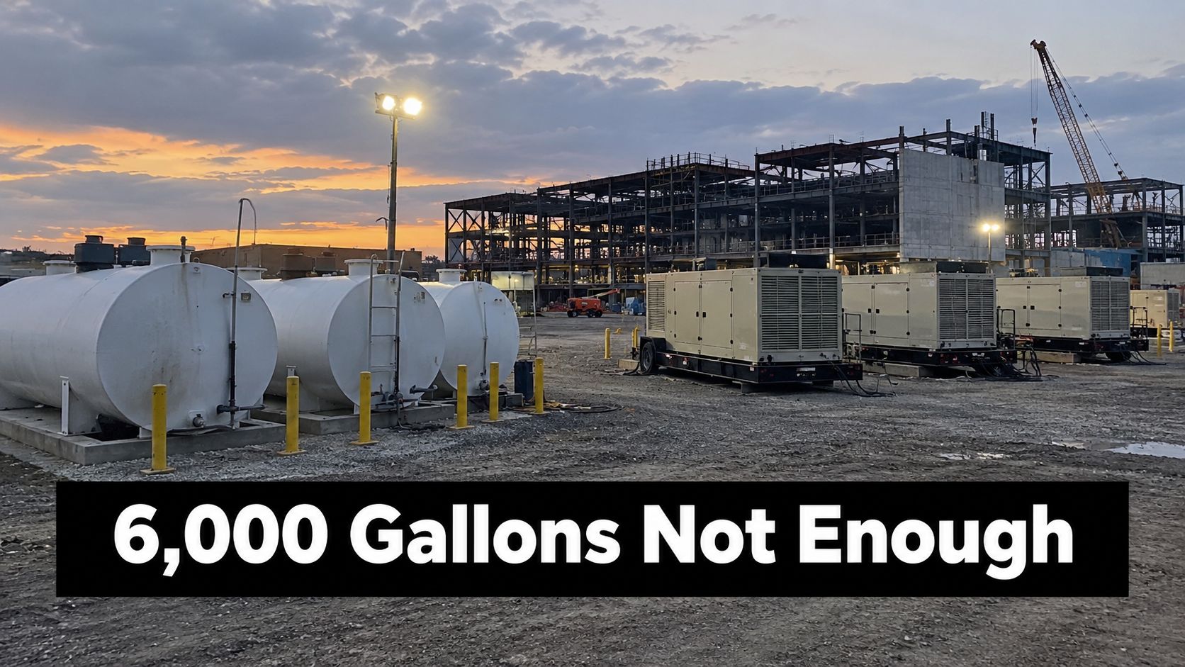 A construction site at sunset features several large white fuel storage tanks and industrial power generators.