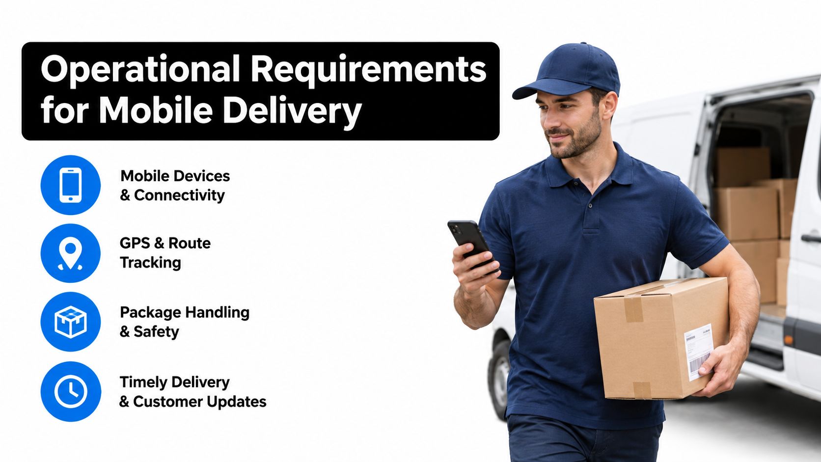 A delivery driver holding a package and a smartphone with a list of mobile delivery operational requirements.