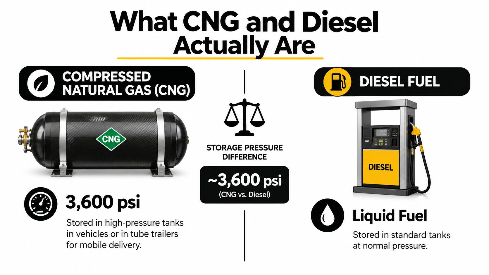 An infographic comparing compressed natural gas stored in high-pressure tanks with liquid diesel fuel at normal pressure.