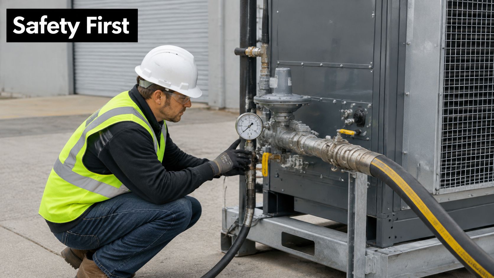 A technician wearing a hard hat and safety vest checking a pressure gauge on industrial testing equipment.