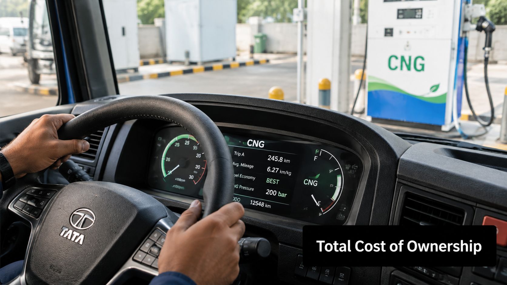A driver's view from the steering wheel of a Tata truck at a CNG refueling station.