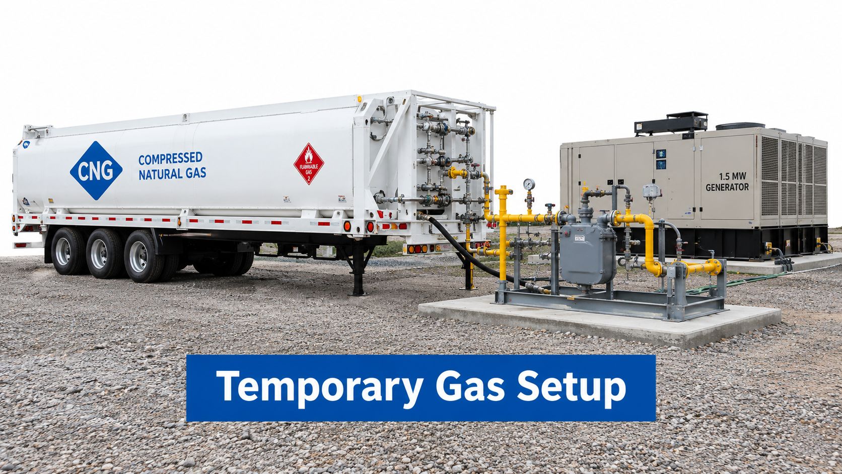 A portable compressed natural gas trailer connected to a industrial gas pressure regulator powering a large generator.