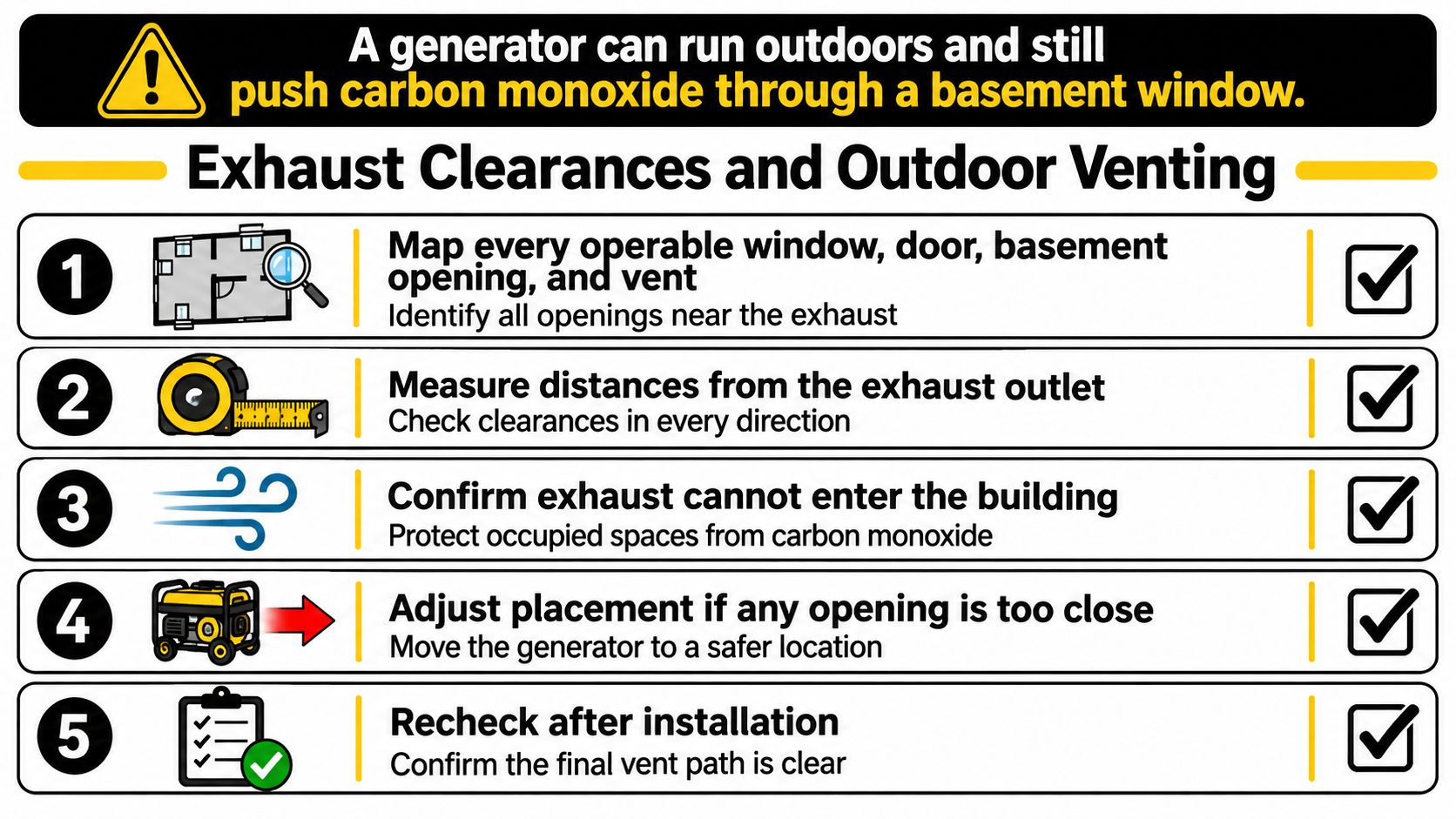 A safety infographic illustrating five steps to properly position a portable generator to prevent carbon monoxide poisoning.