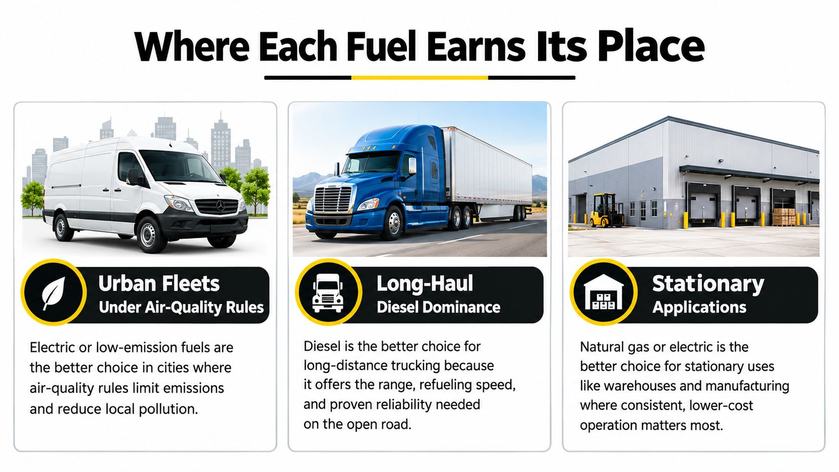 An infographic comparing optimal fuel choices for urban fleets, long-haul trucking, and stationary warehouse applications.