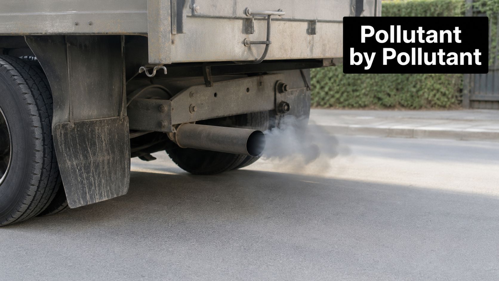 A close-up view of a heavy-duty truck exhaust pipe emitting gray smoke onto the asphalt road.