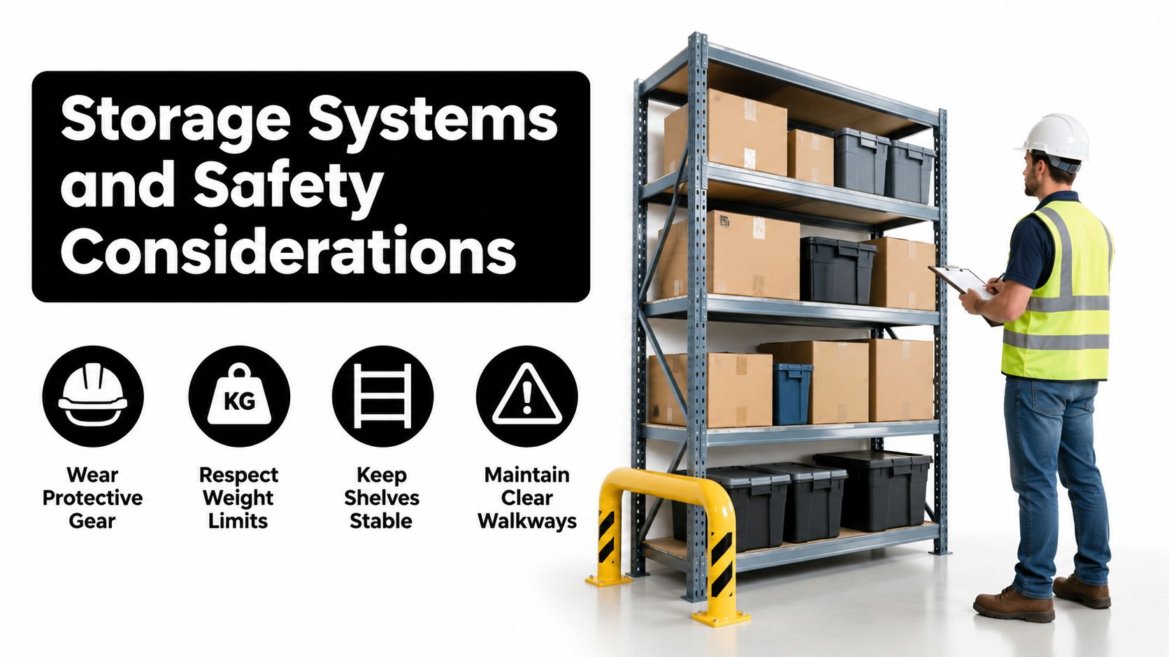A safety-conscious warehouse inspector wearing high-visibility gear reviews a storage system with boxes on metal shelving units.