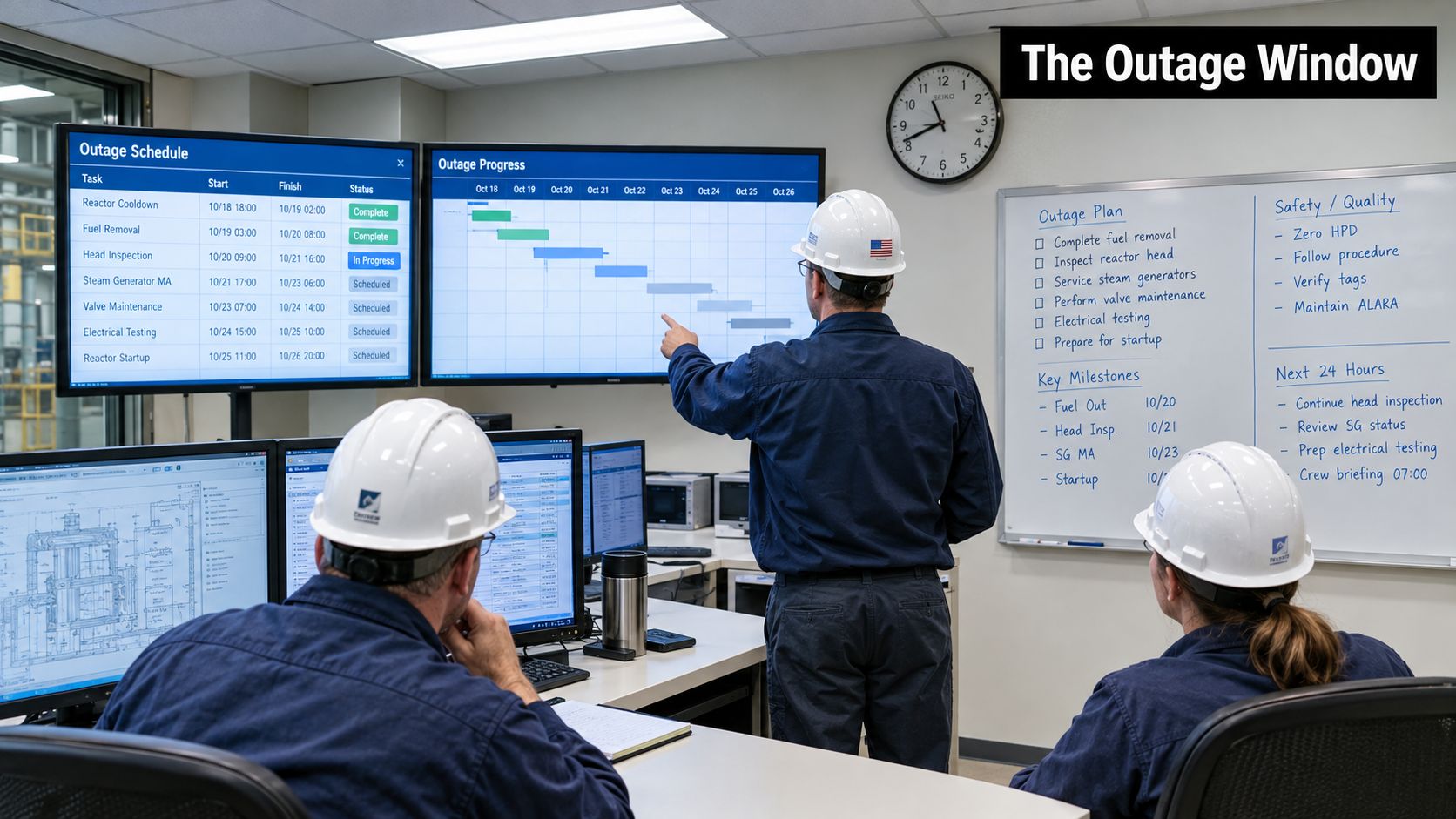 A team of engineers wearing hard hats monitoring complex outage schedules and reactor data in a control room.