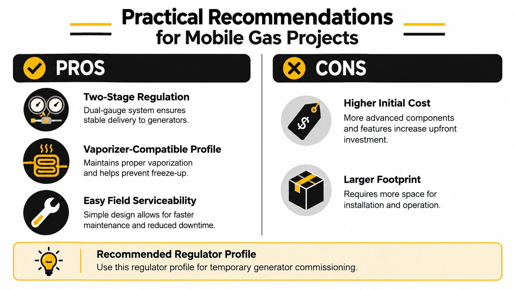 A practical recommendation infographic displaying pros and cons of using gas pressure regulators for mobile projects.