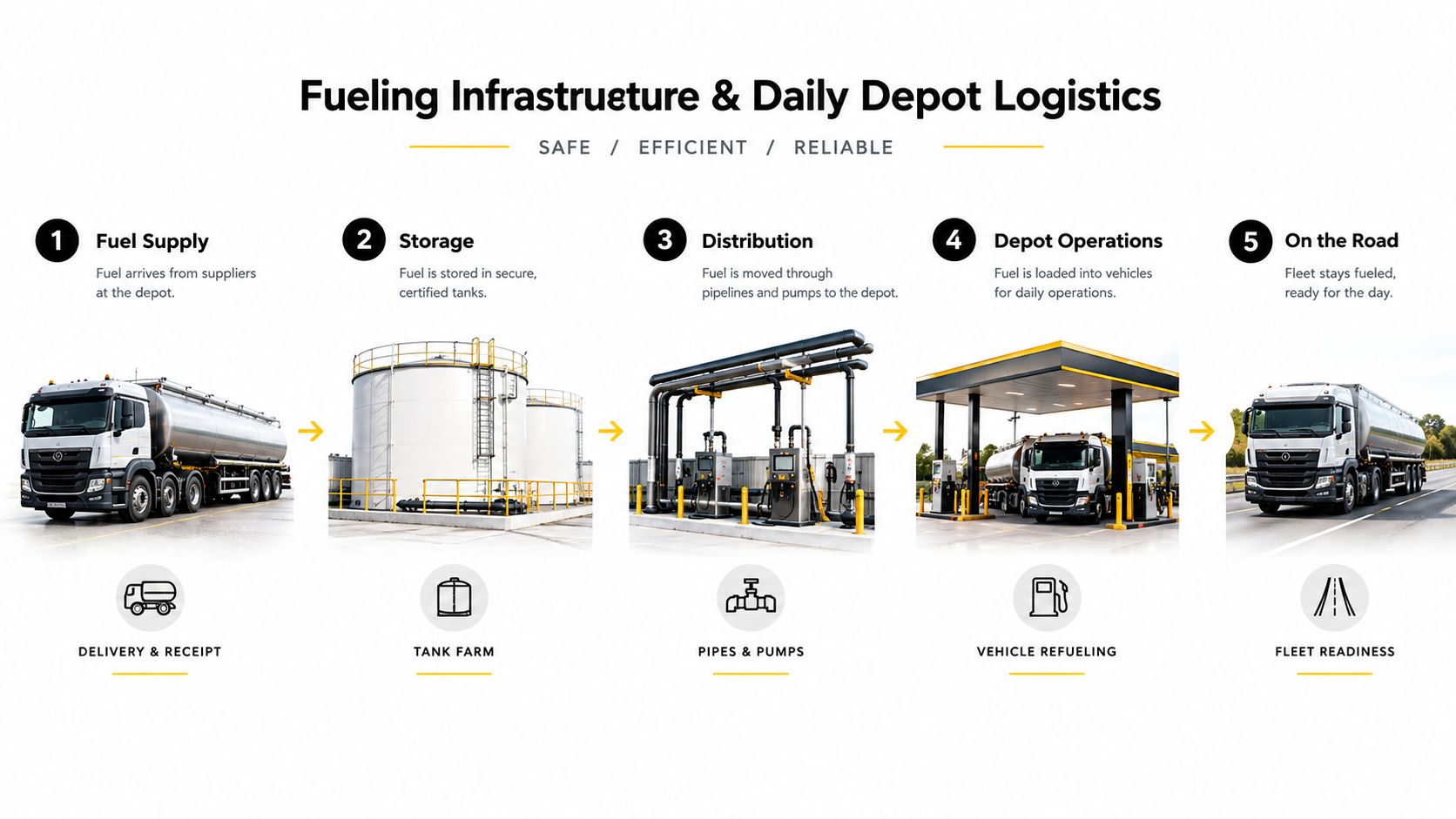 A diagram illustrating the five stages of depot fuel logistics from delivery to fleet readiness.
