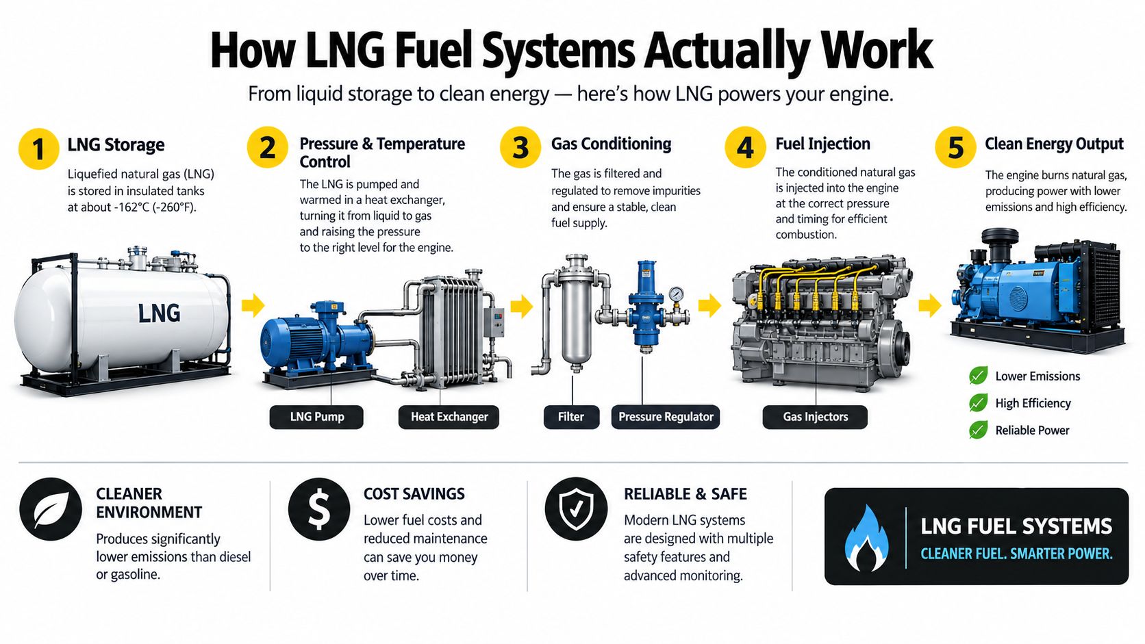 A diagram illustrating the five-step process of an LNG fuel system, from storage to engine power output.