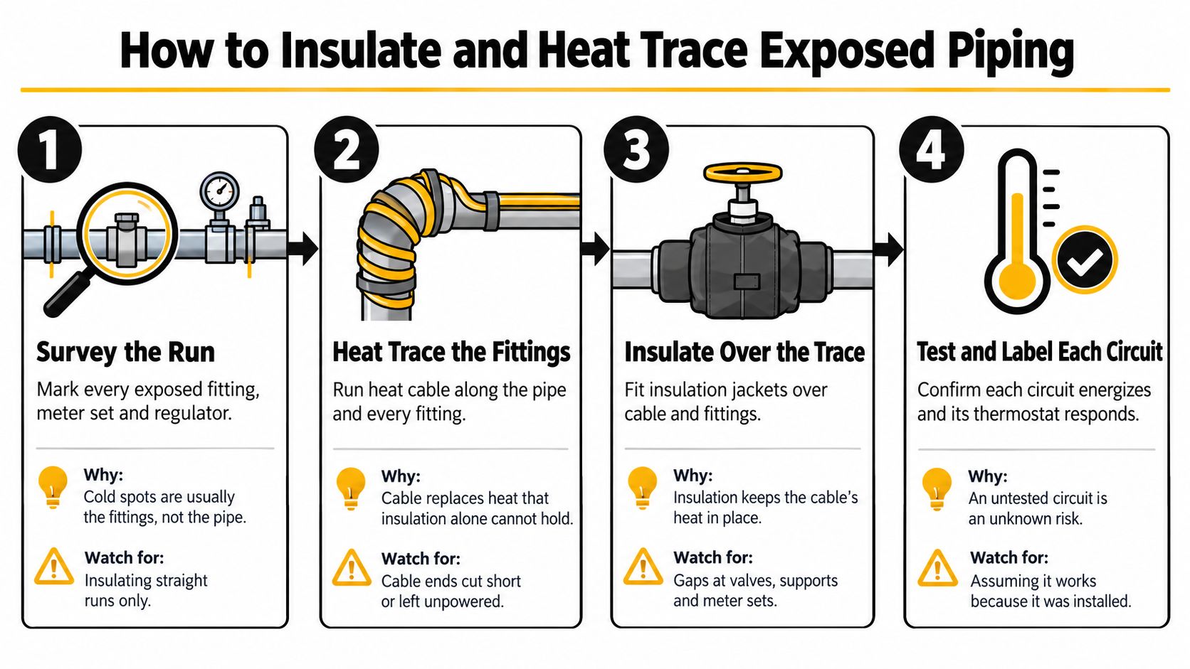 A four-step infographic illustrating the professional process of insulating and heat tracing exposed industrial pipes.