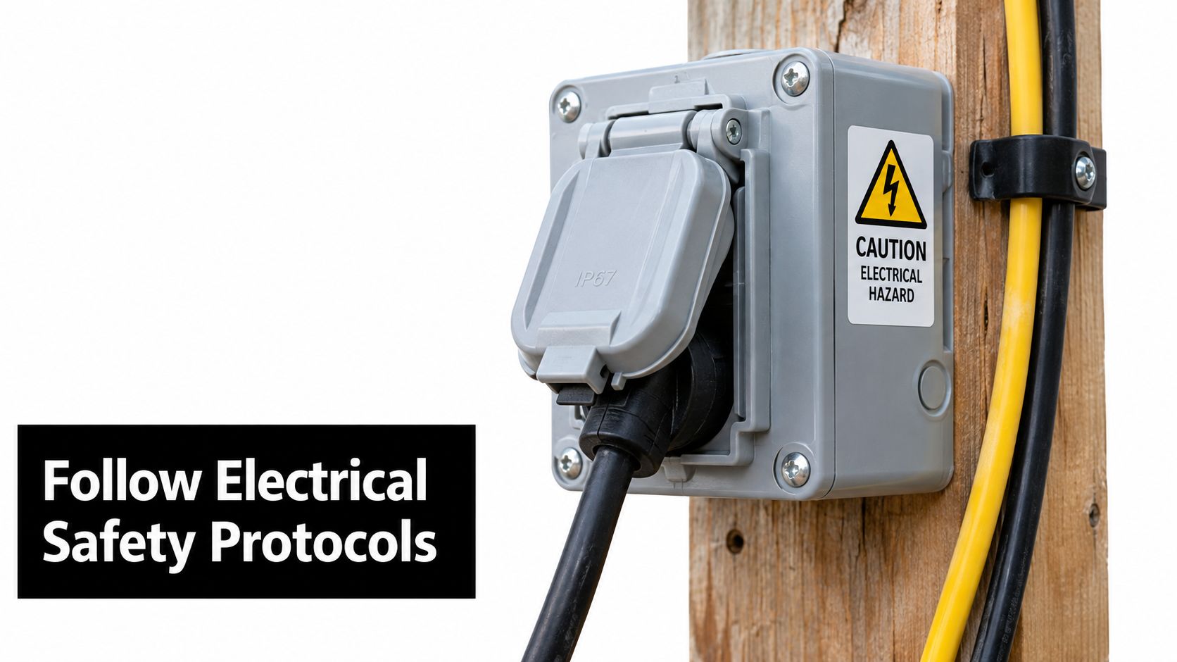A weather-resistant outdoor electrical outlet with a safety warning label mounted on a wooden post.