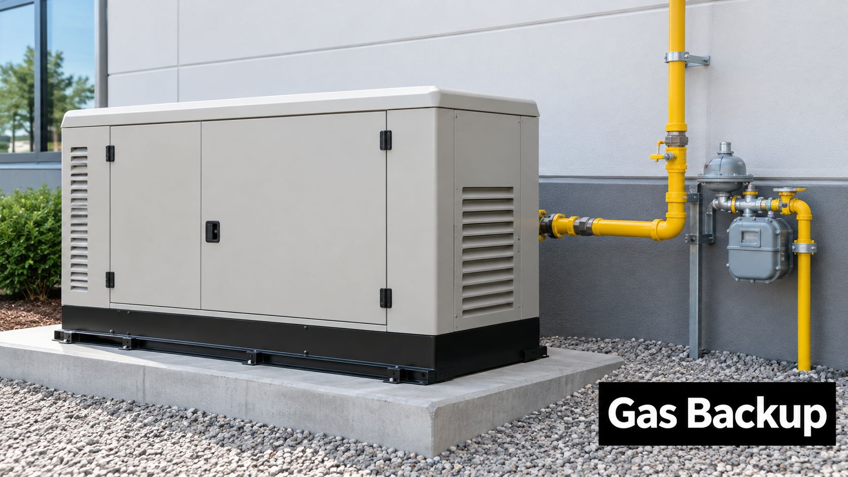 A beige industrial backup generator connected to a natural gas line outside a commercial building.