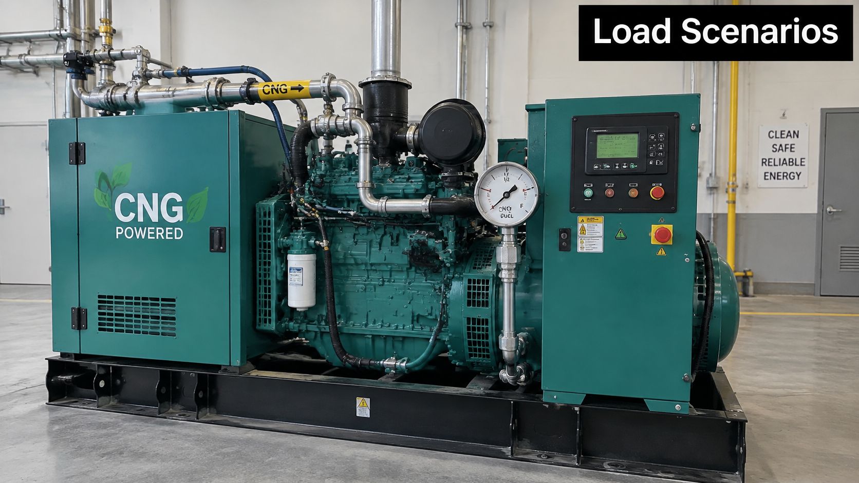 A large industrial CNG-powered generator standing in a facility with pipes and clear energy signage above.
