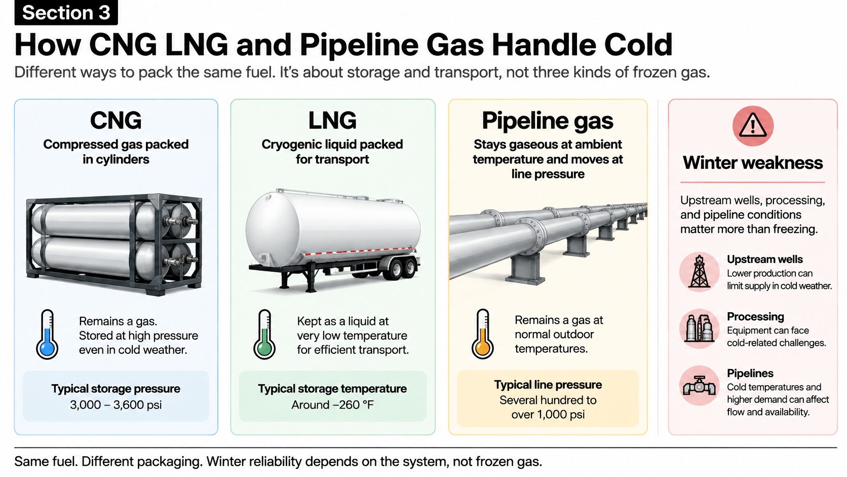 An infographic comparing CNG, LNG, and pipeline gas storage methods and their handling during cold weather.