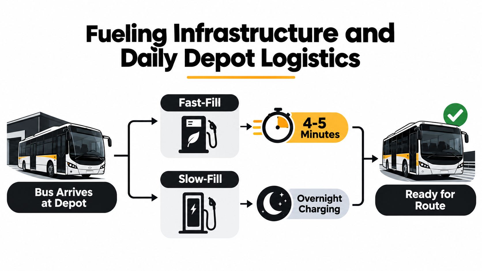 An infographic illustrating the fueling and charging process for transit buses at a depot facility.