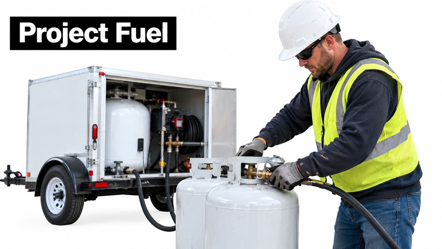 A professional technician wearing a hard hat and high visibility vest filling propane cylinders from a trailer.