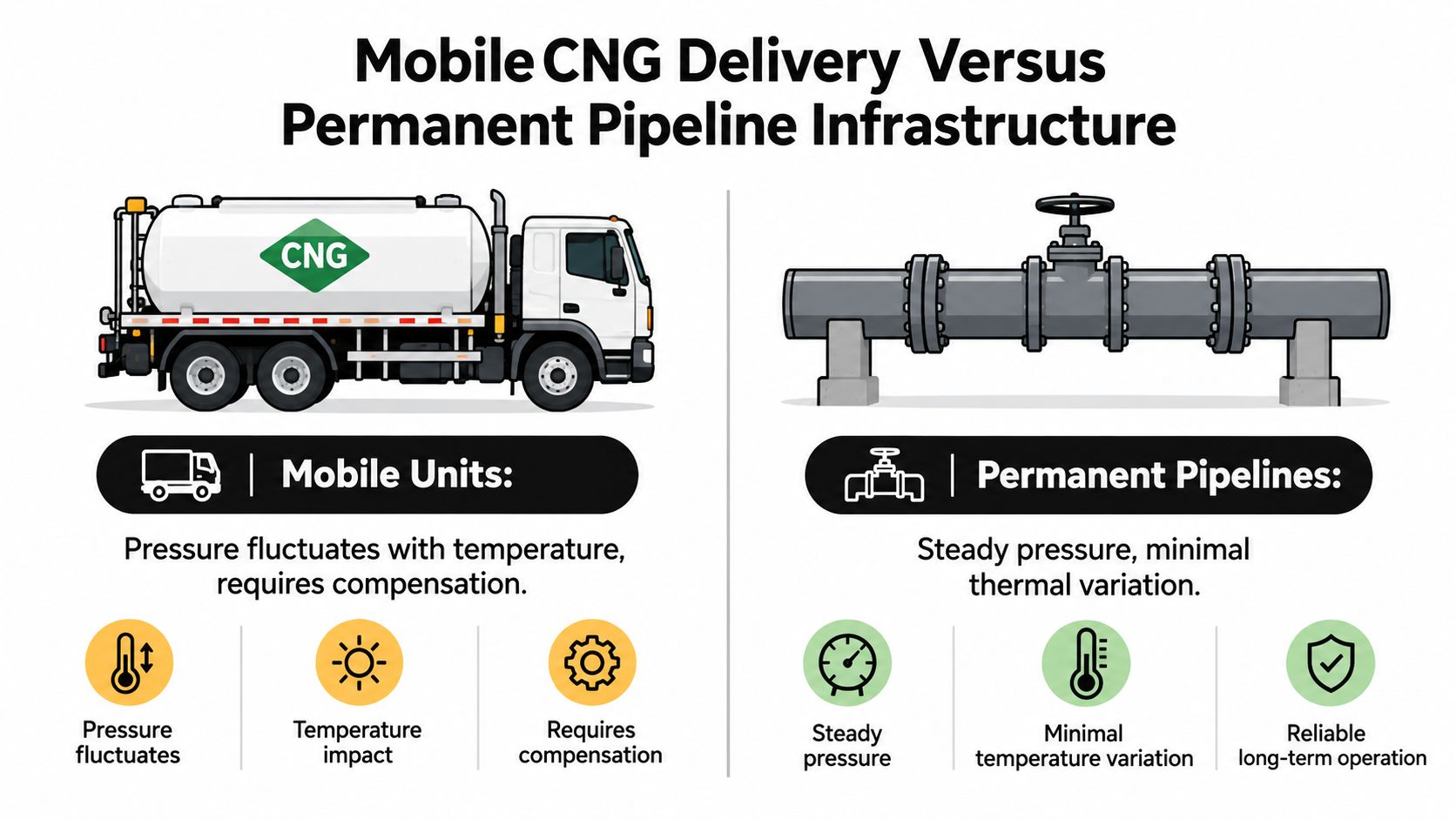 A comparison graphic between mobile CNG delivery trucks and permanent pipeline infrastructure for natural gas distribution.