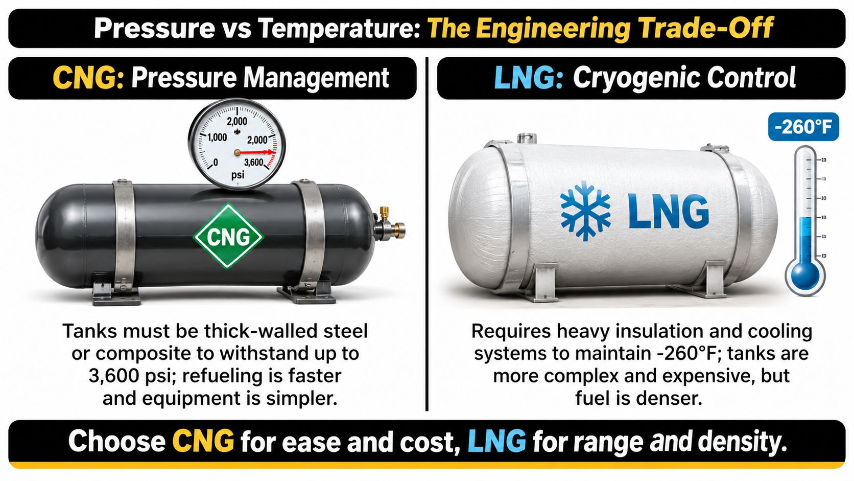 A comparison chart showing the engineering trade-offs between compressed natural gas and liquefied natural gas storage tanks.