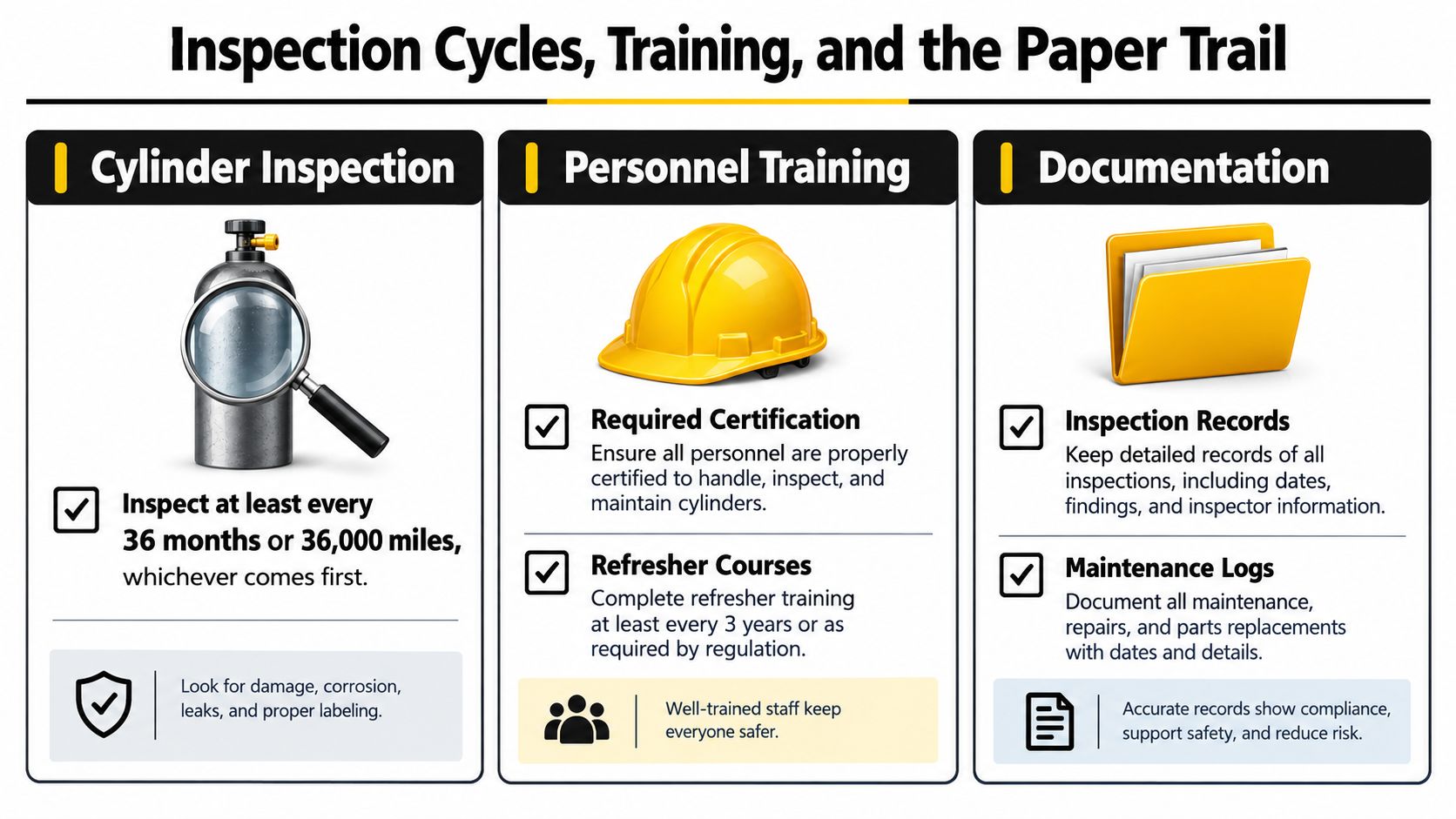 An infographic titled Inspection Cycles, Training, and the Paper Trail explaining safety guidelines for CNG cylinders.