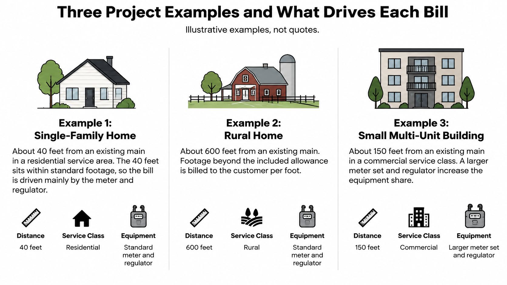 An infographic showing three project examples of natural gas hookup costs based on distance and service class.