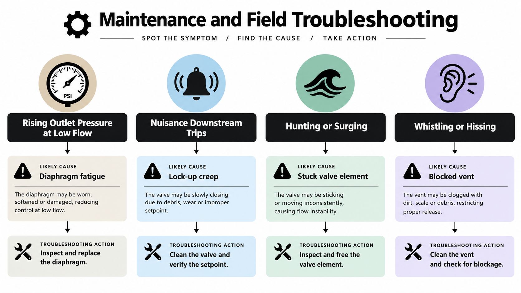 A maintenance and troubleshooting chart for gas pressure regulators showing common symptoms, causes, and recommended corrective actions.