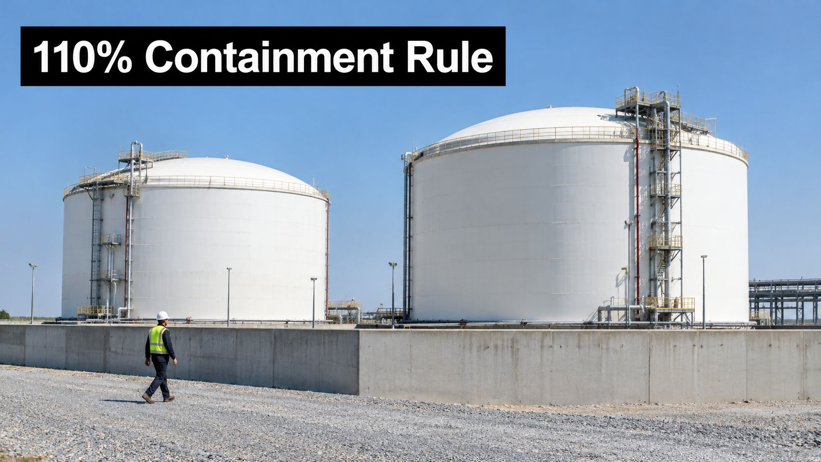 A worker in a high-visibility vest walks near industrial LNG storage tanks inside a concrete secondary containment wall.