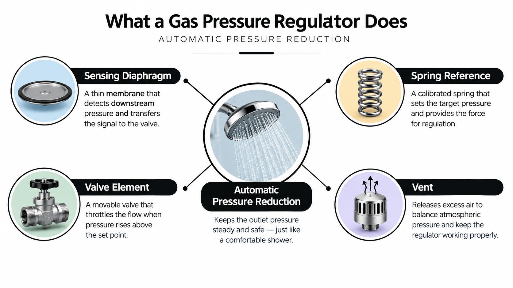 A diagram explaining the components and function of a gas pressure regulator with illustrative icons.