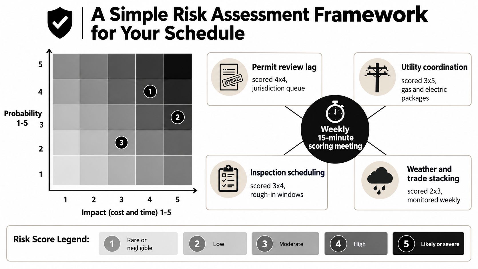 A risk assessment framework matrix for construction schedules showing probability versus impact and example risk factors.