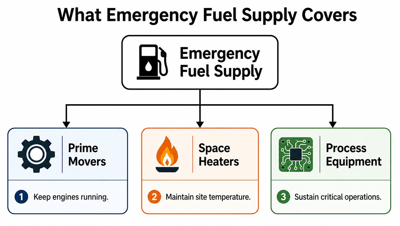 A diagram illustrating that an emergency fuel supply supports prime movers, space heaters, and process equipment.