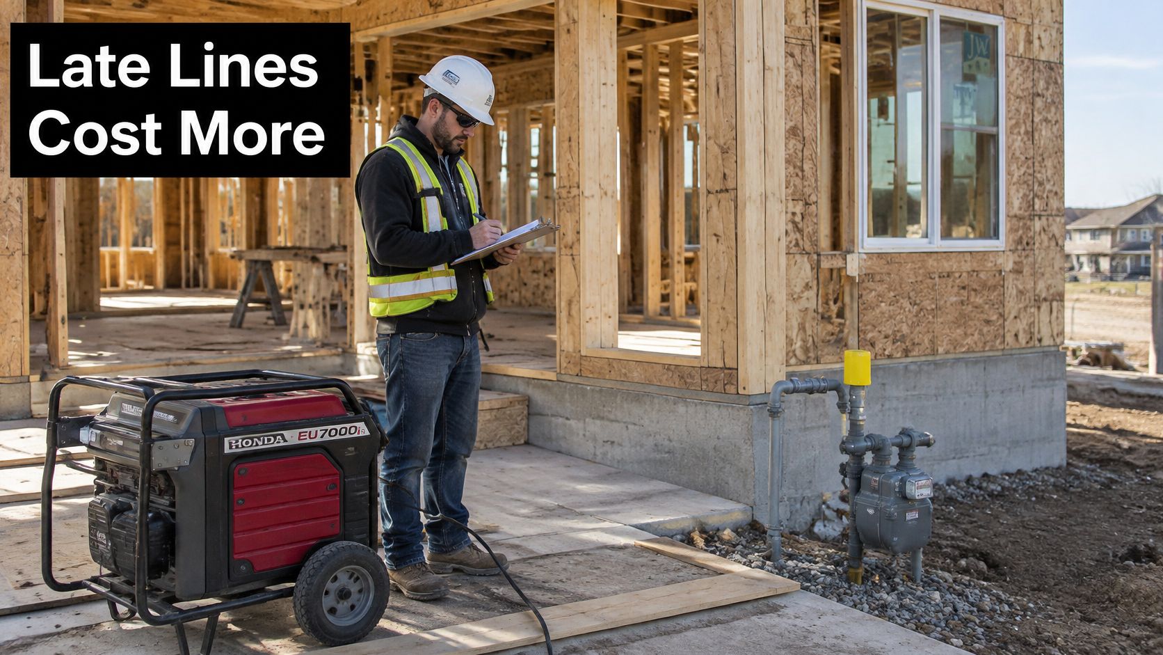 A construction inspector evaluating a natural gas hookup at a residential job site with a portable generator.
