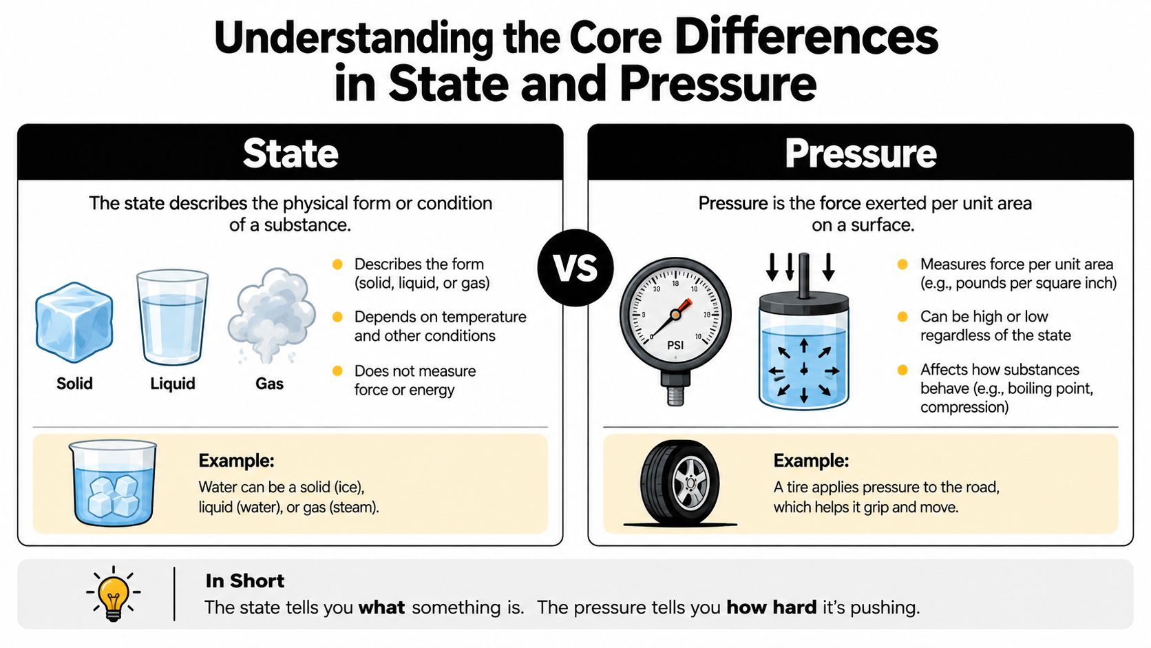 A comparison infographic explaining the physical states of matter versus the concept of pressure.