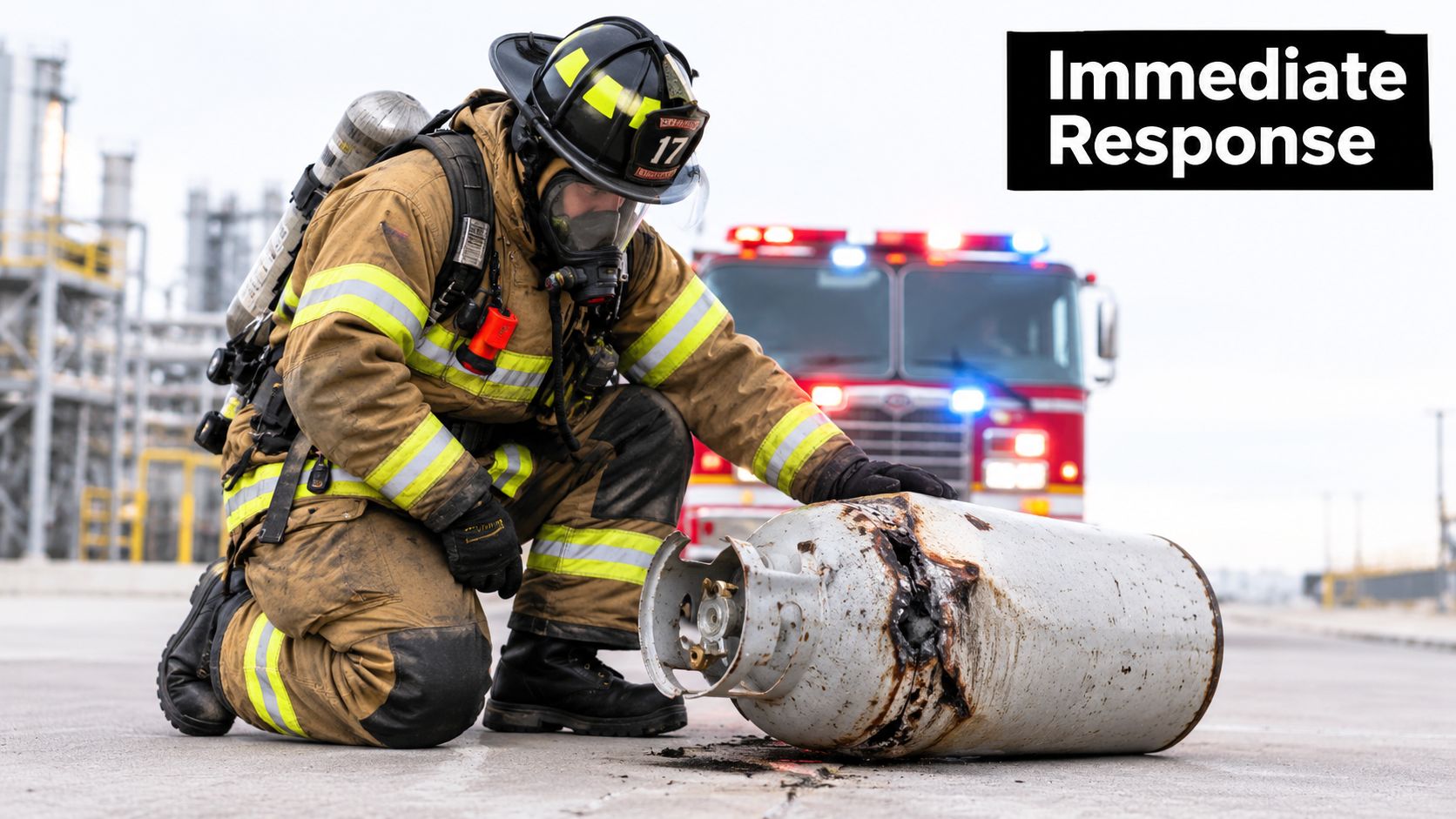 A firefighter in full protective gear examines a damaged propane cylinder at an industrial facility site.