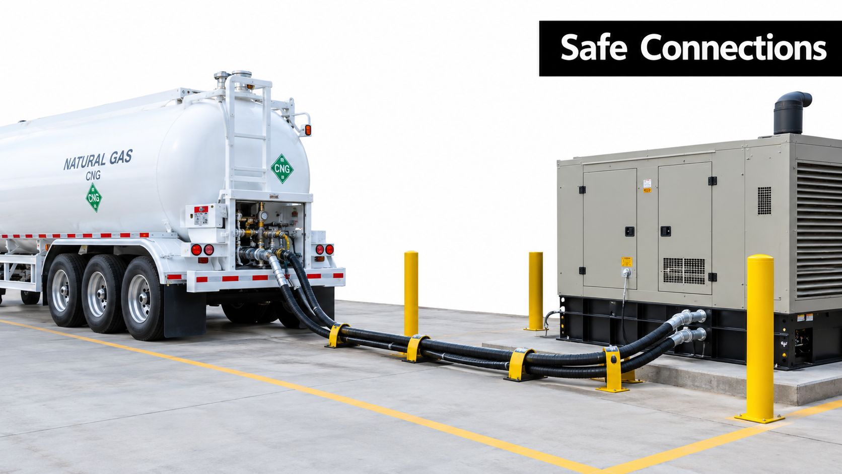 A natural gas tanker truck connected to a large industrial generator on a concrete pad for commissioning.
