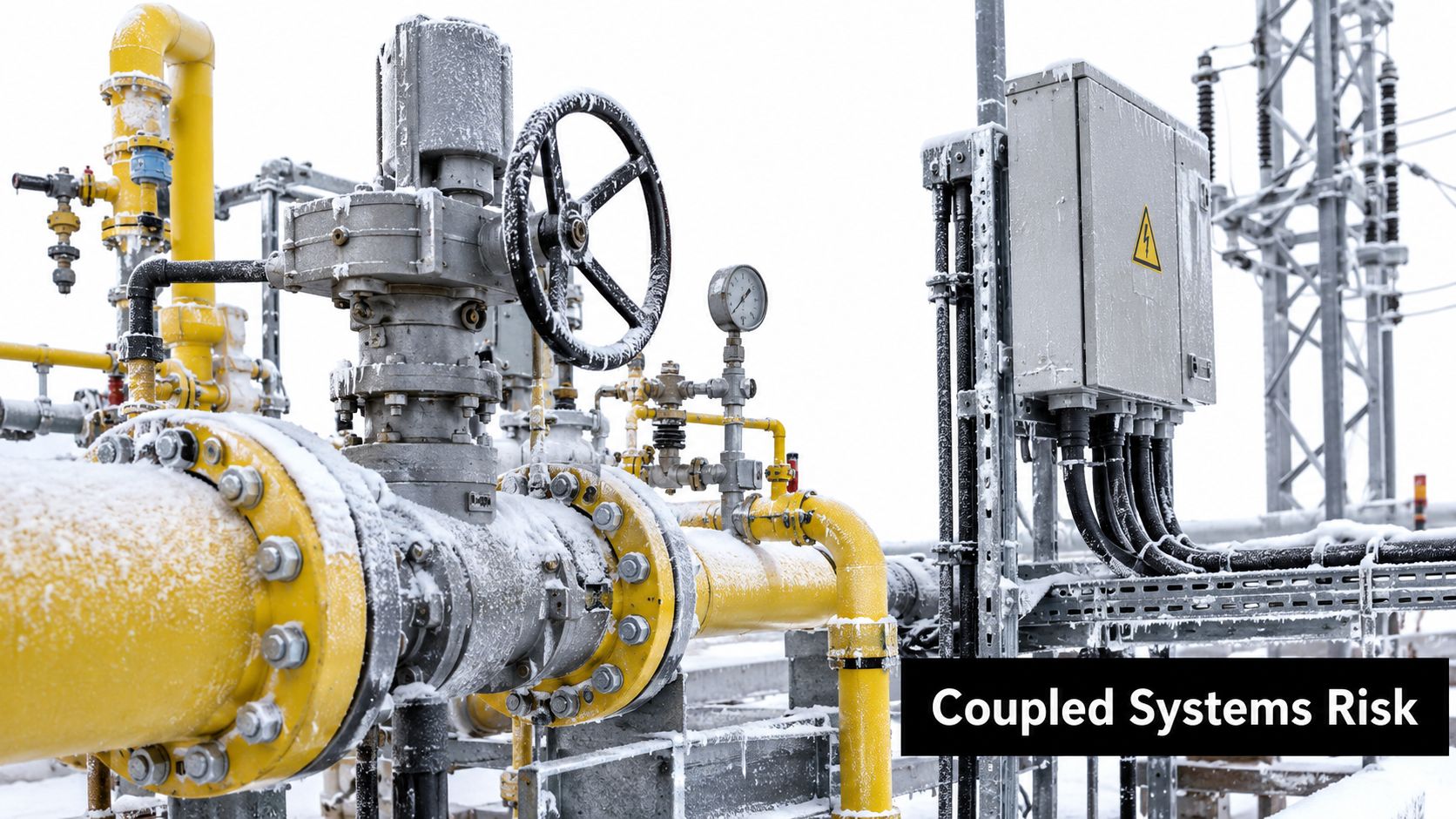 A close-up view of industrial gas pipes and control equipment covered in frost in winter conditions.