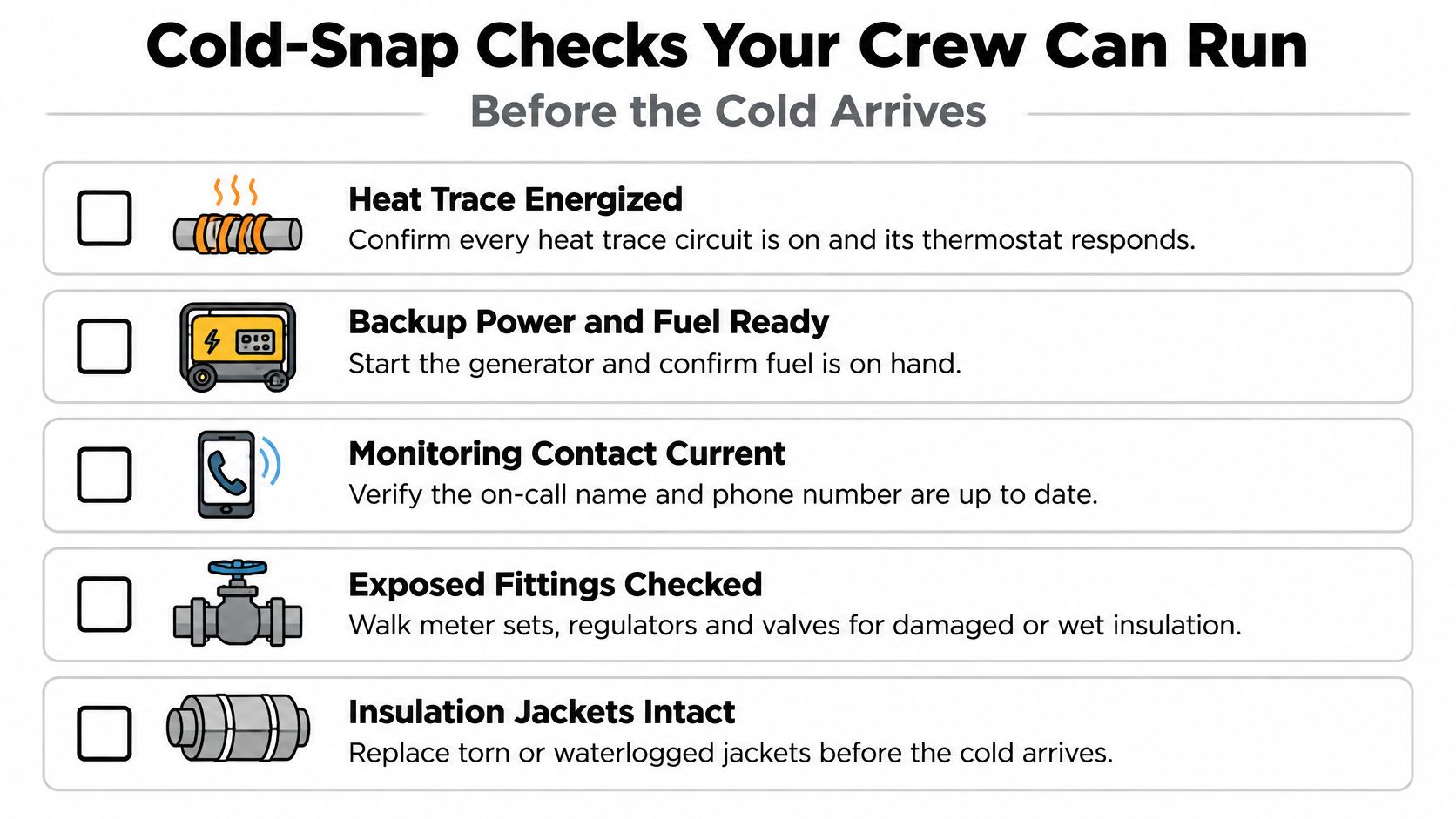 A safety checklist titled Cold-Snap Checks for site crews to prepare equipment before freezing winter weather conditions.