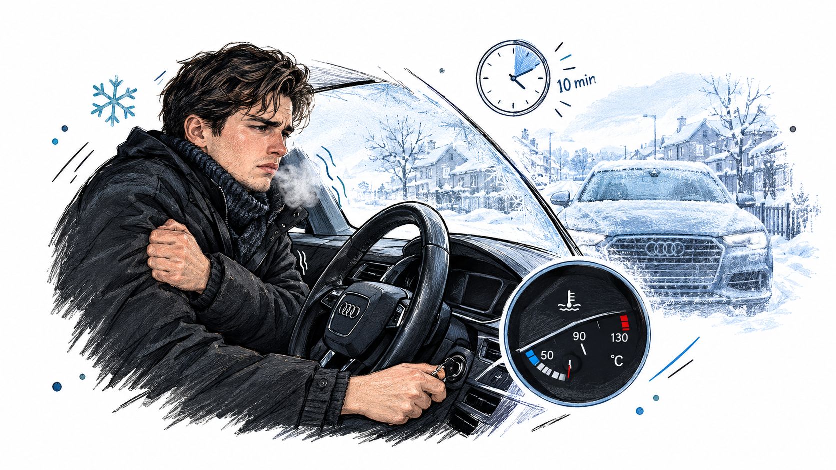 A man shivering in a freezing car with a temperature gauge highlighting engine cooling system issues.