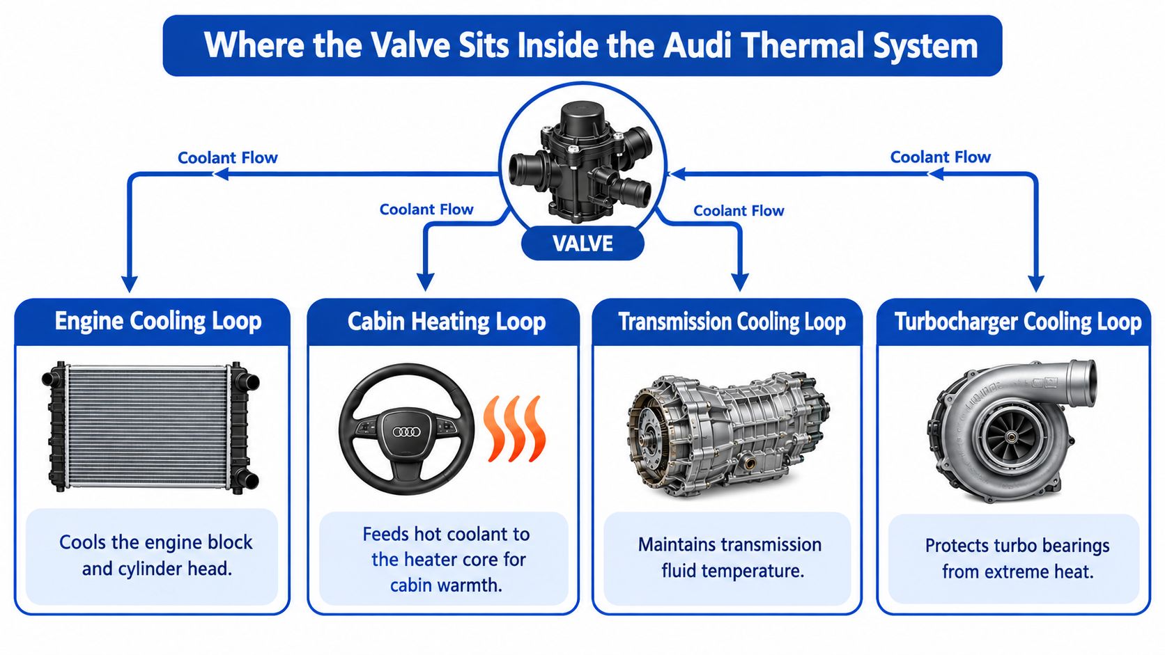 A diagram illustrating how an Audi thermal system valve regulates coolant flow to different engine components.