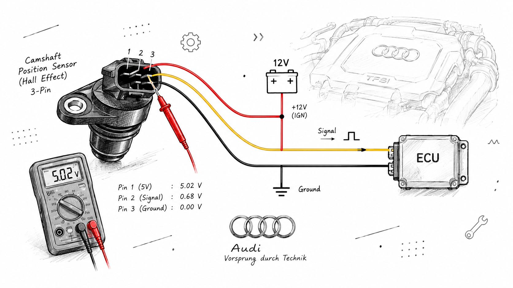 A technical diagram showing the wiring and multimeter voltage testing of an Audi camshaft position Hall effect sensor.