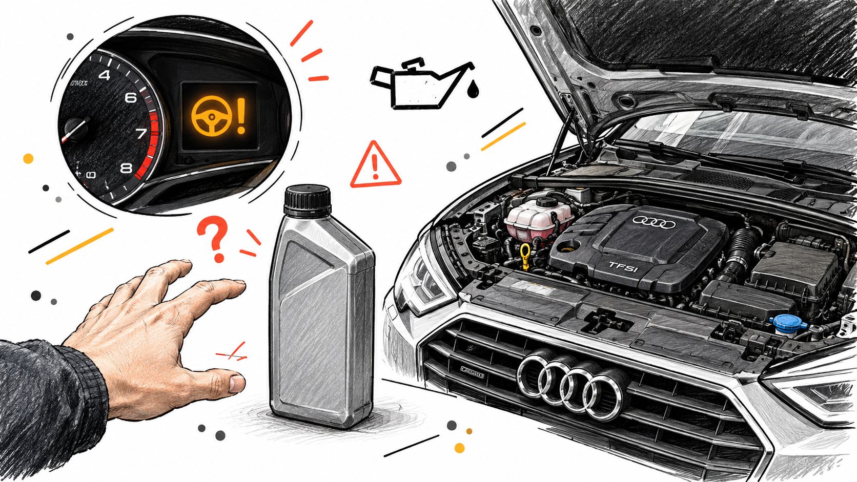 A hand reaching towards a bottle of car fluid near an open hood of an Audi vehicle.