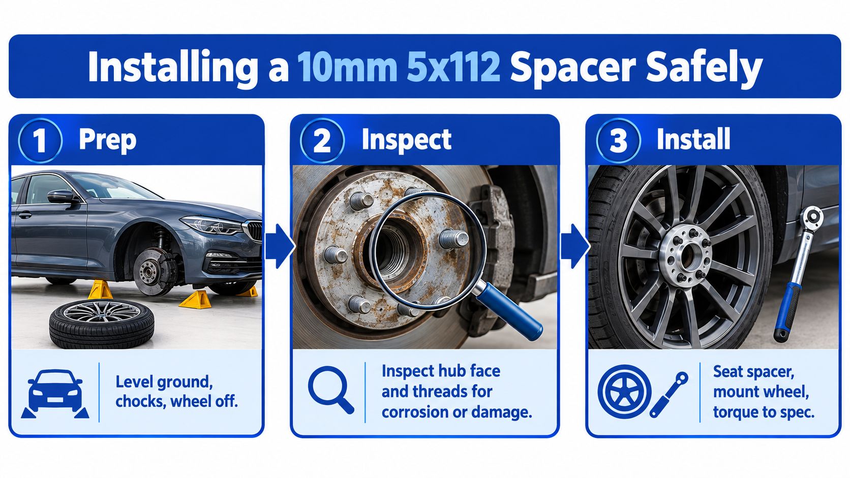 An infographic showing the three-step process of installing a 10mm 5x112 wheel spacer on a car.