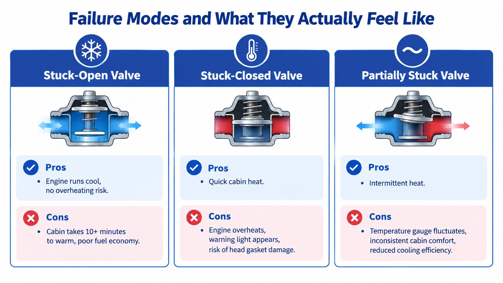 An infographic showing three failure modes of a car thermostat: stuck-open, stuck-closed, and partially stuck valves.