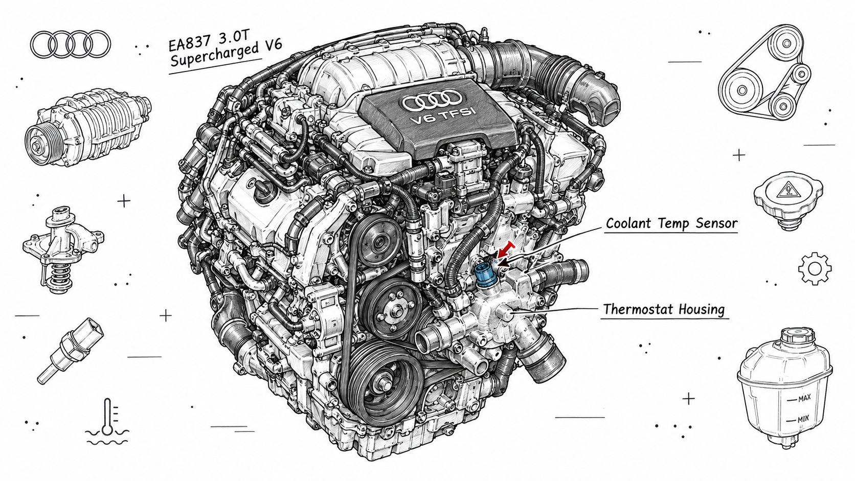 A detailed technical illustration of an Audi EA837 3.0T supercharged V6 engine with labels for components.