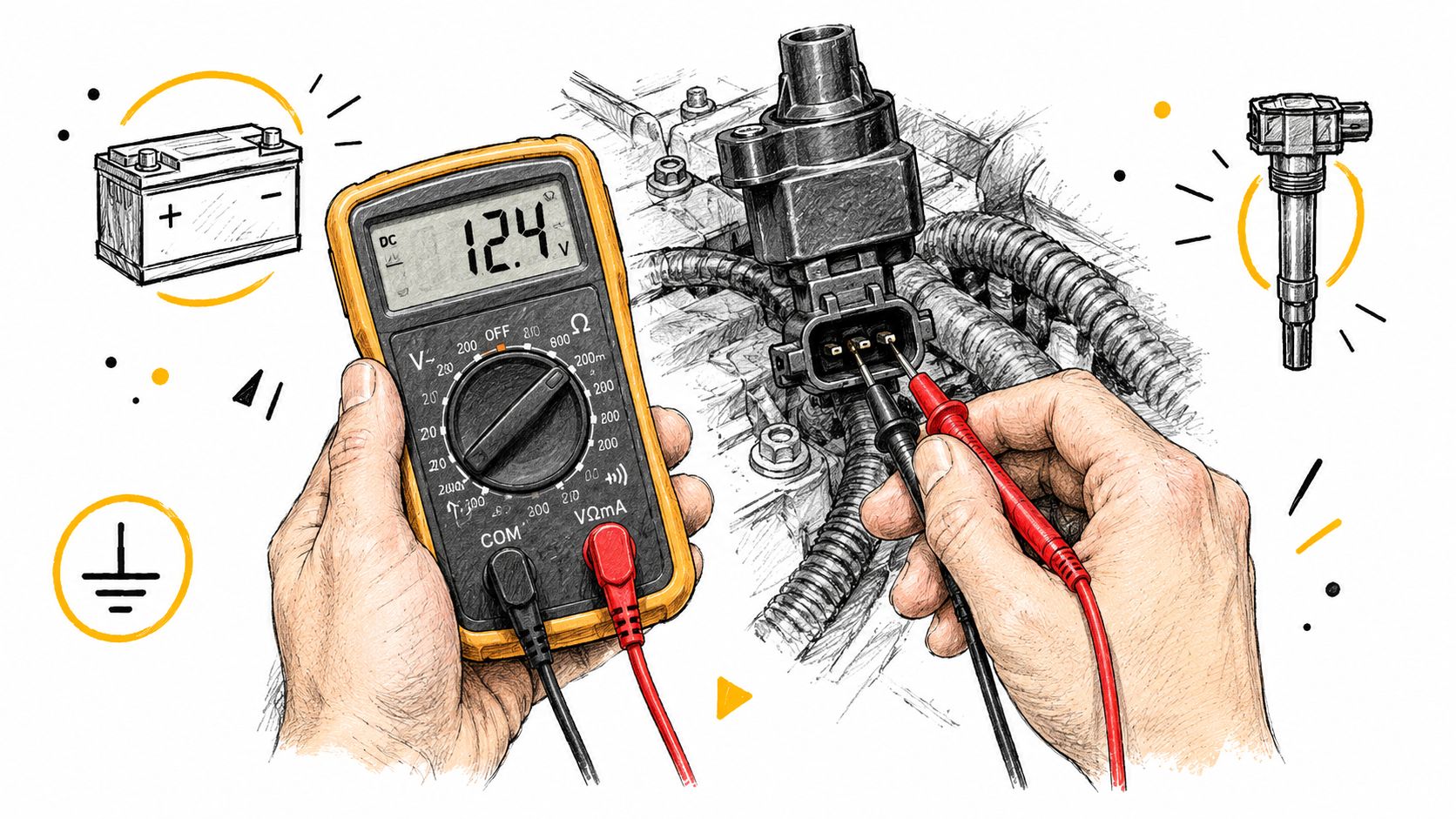 A technician using a digital multimeter to test voltage at an automotive ignition coil connector.