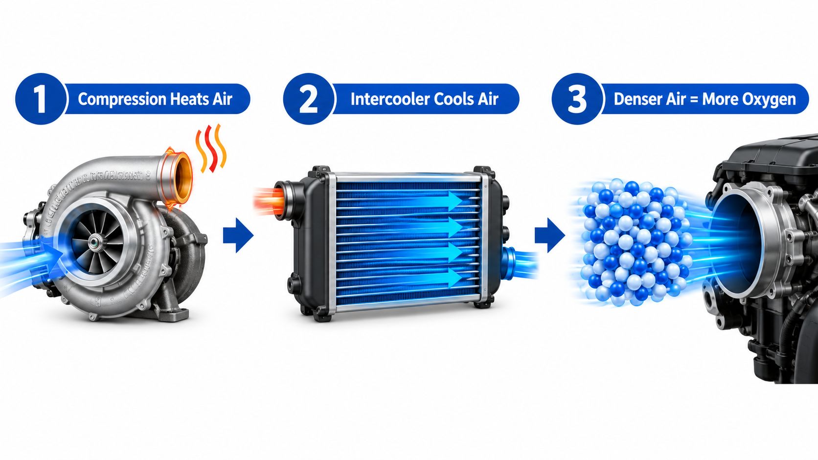 A diagram illustrating the three steps of how a car's turbocharger and intercooler system work together.