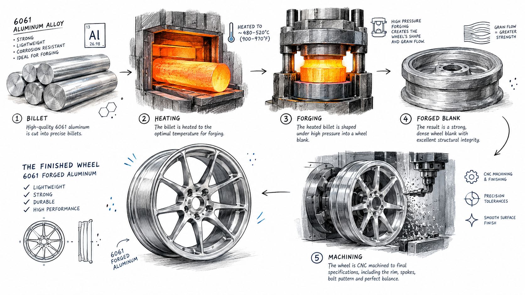An infographic illustrating the five-step manufacturing process of custom made aluminum wheels from billet to finish.